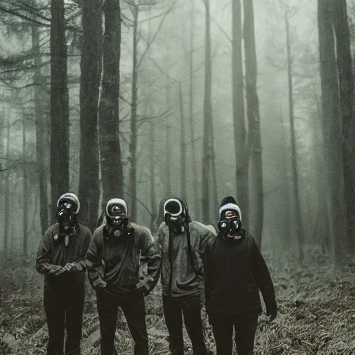 Prompt: high realistic photo portrait group of men with gas masks in a foggy forest, cinestill 800t 35mm, heavy grain, high quality