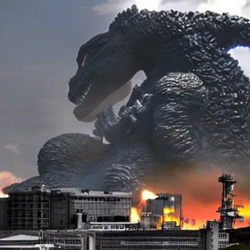 Image similar to godzilla attacking fukushima daiichi unit 4, dramatic lighting