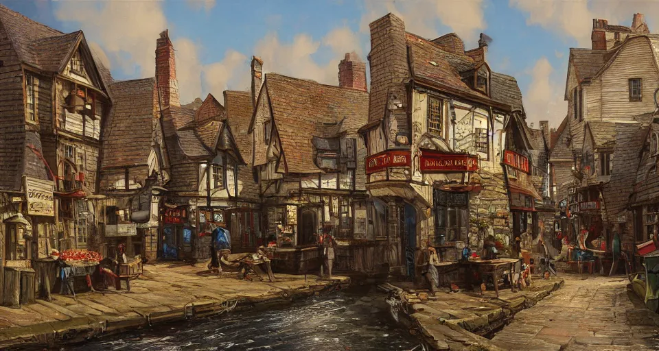 Image similar to victorian cornish fishing village, street scene, street level, digital painting by earl norem, hyperdetailed, artstation, cgsociety, 8 k