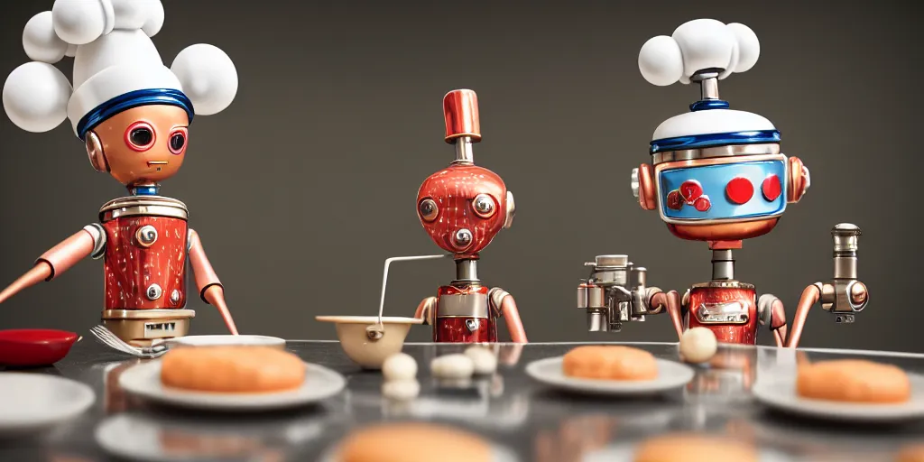 Image similar to closeup portrait of tin toy retro robot chef cooking pastry in a kitchen, depth of field, zeiss lens, detailed, centered, fashion photoshoot, by nicoletta ceccoli, mark ryden, lostfish, breathtaking, 8 k resolution, extremely detailed, beautiful, establishing shot, artistic, hyperrealistic, octane render