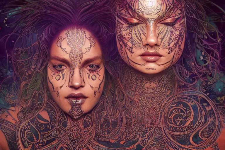 Image similar to a centered render of a alluring festival hippie with tribal tattoos surrounded by a underwater ink pour and flowing liquid galium and sacred geometry, perfect body face and hands, powerful, cinematic, beautifully lit, by artgerm, by karol bak, by donato giancola, by beeple, 3 d, trending on artstation, octane render, 8 k