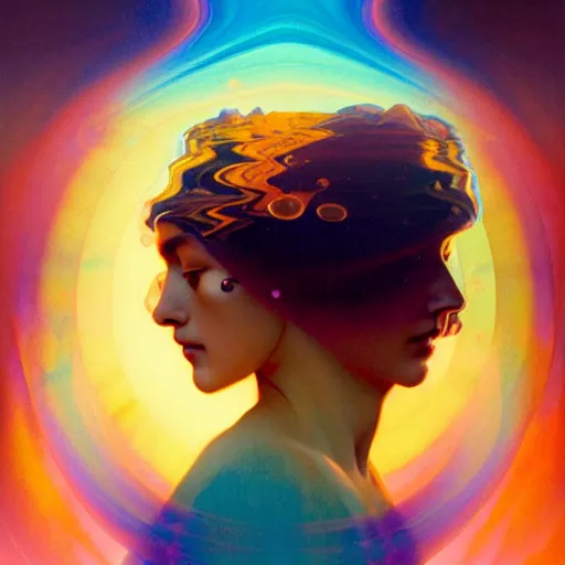 Image similar to transcendent mind bending indigo waves of glossy psychedelic liquid honey flowing like kaleidoscopic translucent amber, lsd waves, honey ripples, enlightenment, dramatic professional lighting, refracted sunset lighting, highly detailed, bodhisattva concept art, art by collier, albert aublet, krenz cushart, artem demura, alphonse mucha