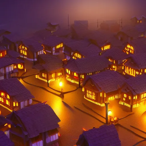 Image similar to a 3D village at night in the style of Maria Puchkova on Artstation, 4k,