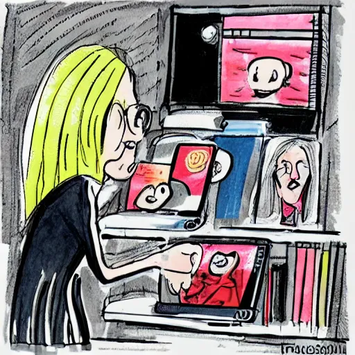 Prompt: Mette Fredriksen covering up phone logs, caricature