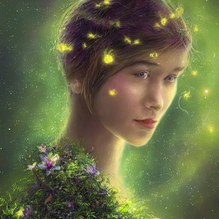 Prompt: a beautiful concept art portrait of a single woman with fireflies and stars in her hair, blooming green slopes and lianas in the background, pinguicula grandiflora, highly detailed, hdr, 8 k resolution, fantasy art, trending on instagram