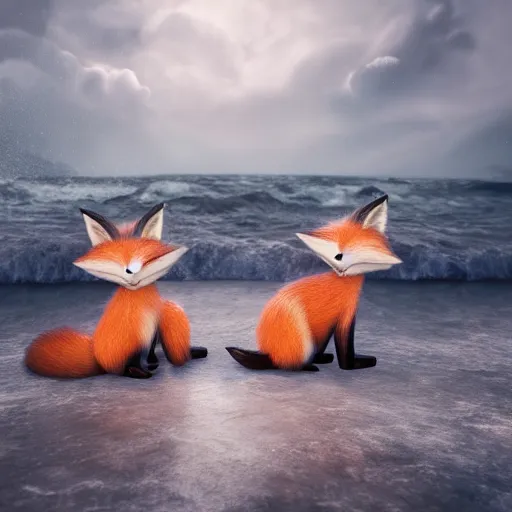 Prompt: my little everything, happy brave magical cuteness, fantasy fox love, foxes holding hands side by side in the scary stormy sea,, hyper - realism, 8 k octane render