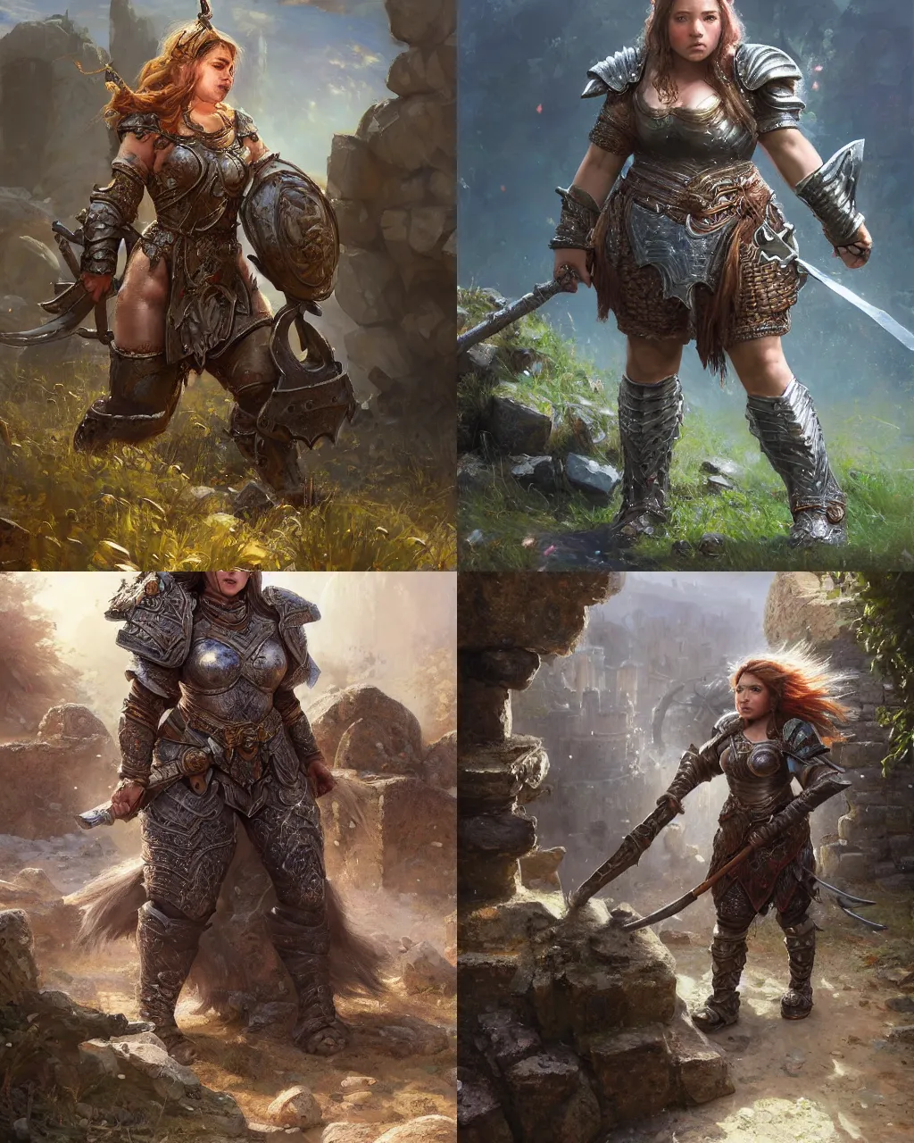 Prompt: robust female dwarf warrior wearing heavy plate armor, short chubby stocky body, at the stone ruins, rpg artwork, hyperdetailed, hyperrealistic, soft light, imposing presence, pino daeni and dan mumford, artstation, intricate metal, smooth, sharp focus