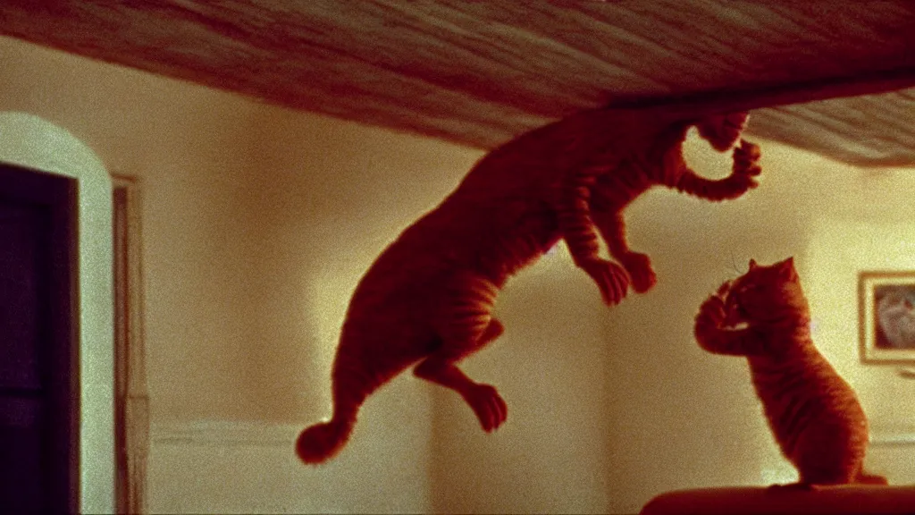 Image similar to a strange Garfield crawls on the living room ceiling, film still from the movie directed by Wes Anderson with art direction by Zdzisław Beksiński, wide lens