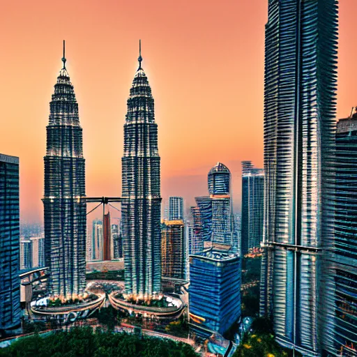 Image similar to the petronas towers replaced in the kuala lumpur skyline with elac debut floor standing speakers, ultra realistic, kodachrome 6 4, golden hour image