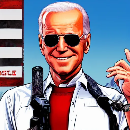 Image similar to joe biden wearing aviators and laughing in gta v, cover art by stephen bliss, boxart, loadscreen