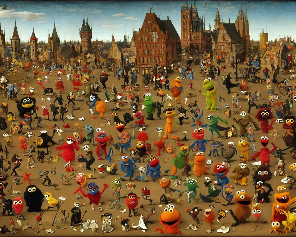 Image similar to sesame street muppets art by hieronymus bosh, triumph of death by pieter brueghel