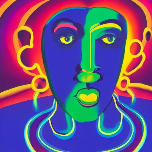 Image similar to a black man with yellow eyes and a dark rainbow background, gouache painting by francis bacon and tomokazu matsuyama, by ed paschke, by agnes pelton, by patrick nagel, behance contest winner, generative art, irridescent, holography, neon, dark art, retrowave, grain, black background