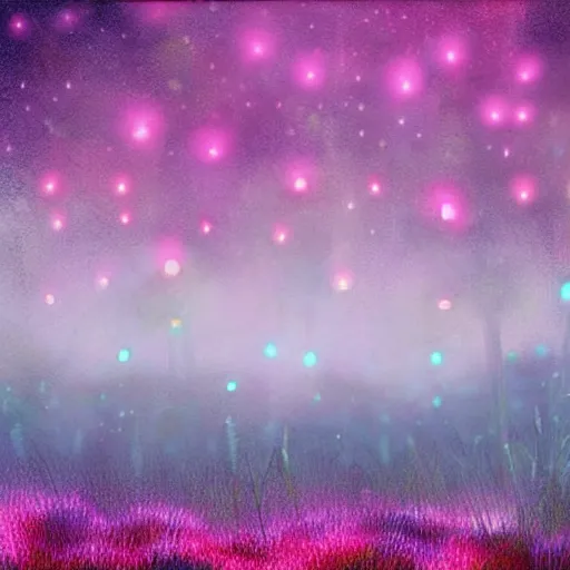 Prompt: field of tall luminescent pink and blue mycena fungi, emitting spore clouds, midnight, moonlight, fantasy art, mysterious, magical, hyperrealistic, detailed, soft lighting, fireflies