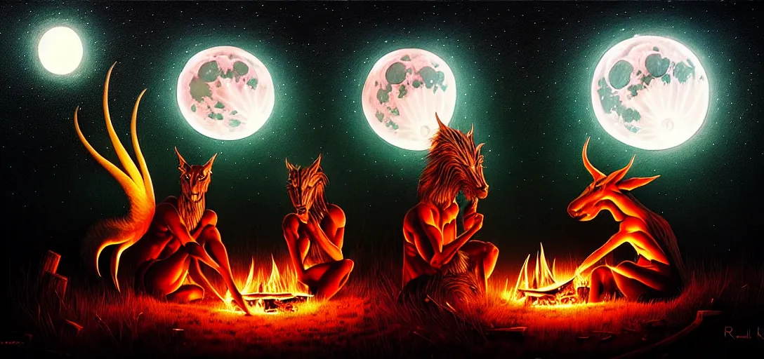 Image similar to strange mythical beasts of sitting around a fire under a full moon, surreal dark uncanny painting by ronny khalil