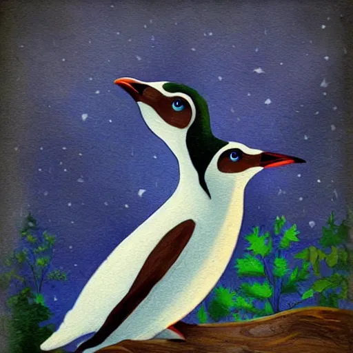 Prompt: wood penguin in the wild. fantasy art.