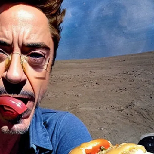 Prompt: robert downey jr eating a delicious hot dog on the moon, cell phone selfie