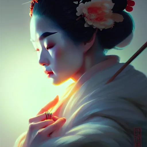 Image similar to pretty geisha, d & d digital painting, ultra realistic, beautiful, volumetric lighting, warm colors advance, cell shading, by james jean, greg rutkowski, wlop