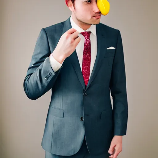 Image similar to a man wearing a suit lemon head