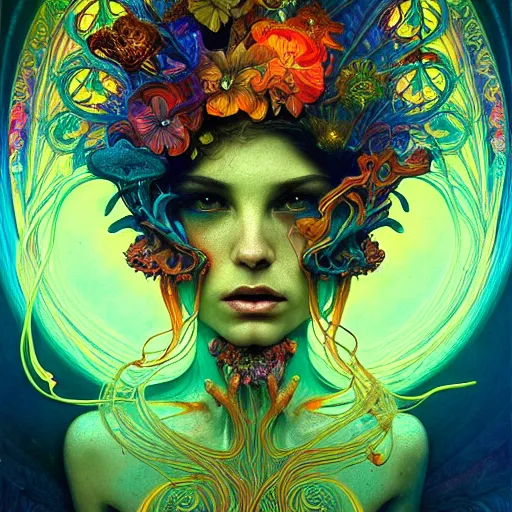 Image similar to An extremely psychedelic experience, colorful, surreal, dramatic lighting, magic mushrooms, psilocybin, LSD, face, detailed, intricate, elegant, highly detailed, digital painting, artstation, concept art, smooth, sharp focus, illustration, art by Krenz Cushart and Artem Demura and alphonse mucha