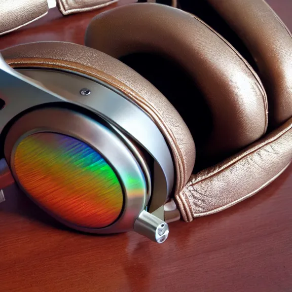 Prompt: masterpiece photo of beautiful hand crafted artistic titanium metal headphones, bismuth rainbow metal, bismuth cups, leather padding, displayed on mahogany desk, modernist headphones, bismuth headphones beautiful well designed, hyperrealistic, audiophile, intricate hyper detail, extreme high quality, photographic, audeze, sennheiser, hifiman, artstation, abyssal audio