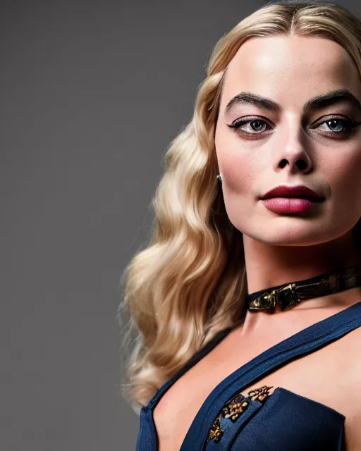 Image similar to A portrait of a margot robbie in a cosplay uniform, piercing eyes, highly detailed, bokeh, professional photograph, full body shot 4K, HD