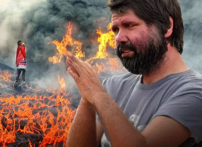 Image similar to a realistic 4 k imagen of gabriel boric president of chile given as a sacrifice by the mapuche communities to the osorno volcano