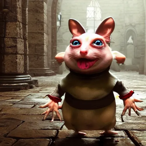 Prompt: stuart little as a disturbing dark souls boss, visually grotesque, unreal engine 3, ray tracing off