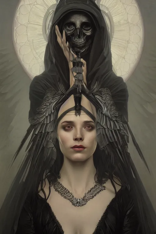 Image similar to portrait of the angel of death, black and silver, by tom bagshaw and alphonse mucha and atey ghailan and artgerm and and greg rutkowski, hyper realistic, octane render, trending on artstation