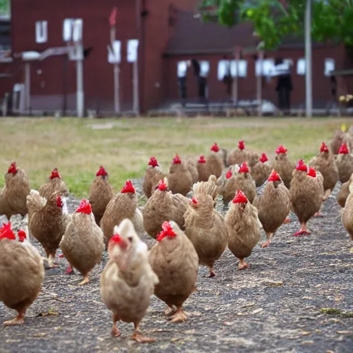 Prompt: an army of chickens in soldier outfits ready to charge