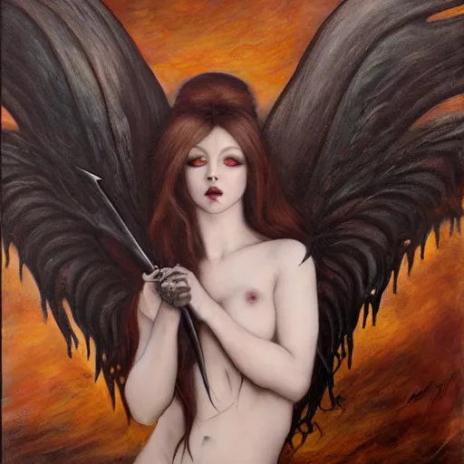 Image similar to graffiti mild by lori earley, by charles spencelayh. performance art. a large, muscular demon - like creature with wings, standing in a dark, hellish landscape. the creature has red eyes & sharp teeth, & is holding a large sword in one hand.