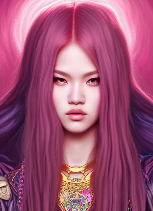 Prompt: jossi of blackpink, queen, tarot card, highly detailed, digital painting, smooth, sharp focus, illustration, ultra realistic, unreal engine, 8 k, art by artgerm and alphonse mucha