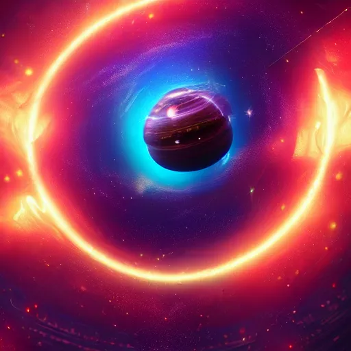 Prompt: glowing glorious 3D ((((black hole)))) in movie, intergalactic, space theme, galaxy colored, hyperdetailed, digital painting, trending on Artstation, cel-shading style, CG society, hyperdetailed, digital painting, hypermaximalist, golden ratio, volumetric, octane render, weta digital, micro details, 3d sculpture