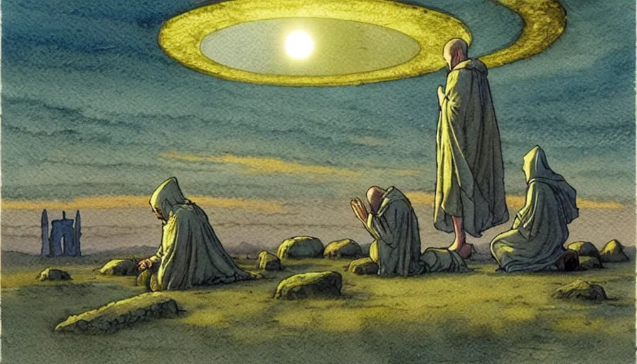 Prompt: a realistic and atmospheric watercolour fantasy concept art of a shiny metallic ufo landing in a large stonehenge. medieval monk in grey robes on his knees praying. a crescent moon in the sky. muted colors. by rebecca guay, michael kaluta, charles vess and jean moebius giraud