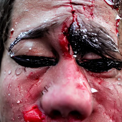 Image similar to close - up photo of a trump supporter crying, soaked in tears, mascara running down, bloodshot eyes, street photography, canon 2 0 0 mm lens f 2. 8