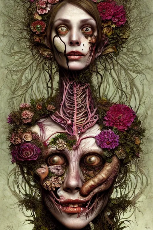 Image similar to beautiful and detailed rotten woman corpse with fractal plants and fractal flowers and mushrooms growing around, face muscles, veins, arteries, intricate, ornate, surreal, ray caesar, john constable, guy denning, dan hillier