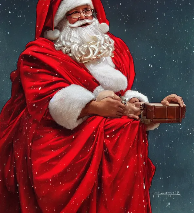 Prompt: portrait of a santa wearing a traditional red cloth, close up, tecnological style, cyperpunk, intricate, highly detailed, digital painting, artstation, concept art, sharp focus, cinematic lighting, illustration, art by artgerm and greg rutkowski, alphonse mucha, cgsociety