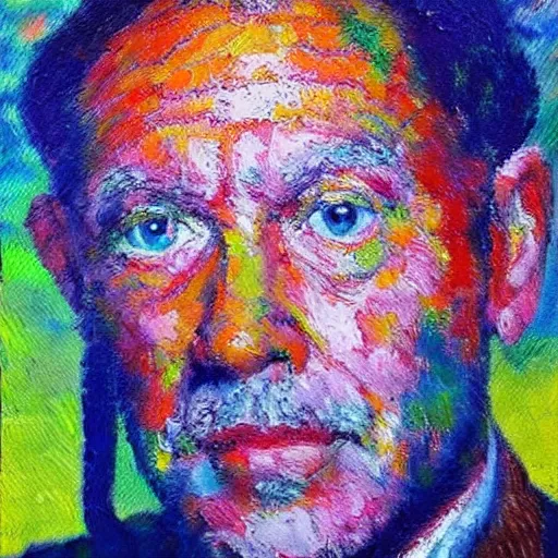 Prompt: oil on canvas, vivid colors, portrait of a man, impressionistic, rough paint, pointillism