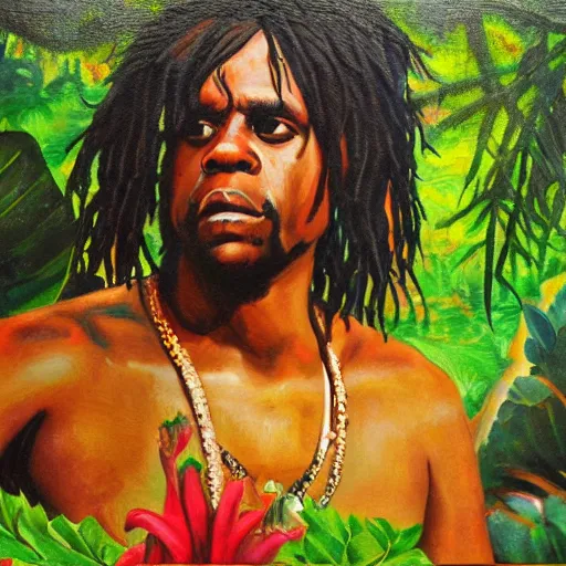 Image similar to chief keef in the garden of eden, oil panting