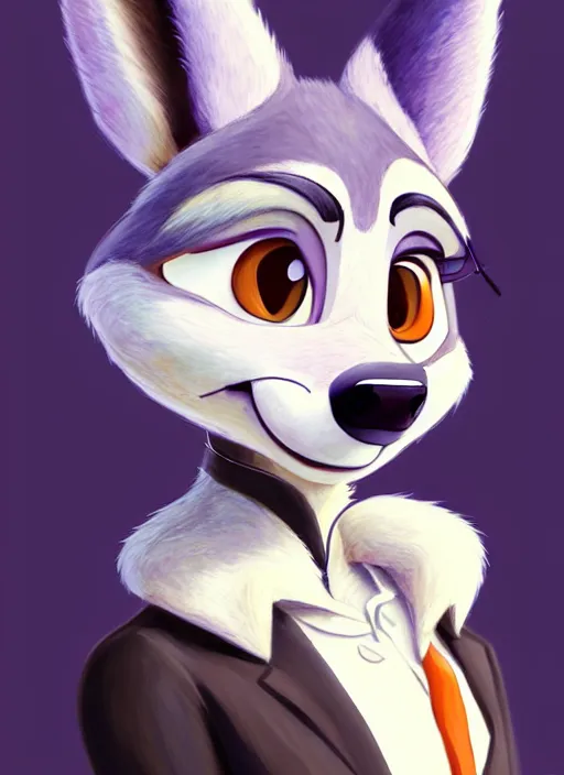 Image similar to oil painting of detailed full body of anthromorphic female wolf, in style of zootopia, zootopia, zootopia, fursona, furry, furaffinity, 4 k, deviantart, furry art, fursona art, wearing black business suit, business suit, in style of zootopia, wolf fursona, cyberpunk, female, expressive detailed feminine face,