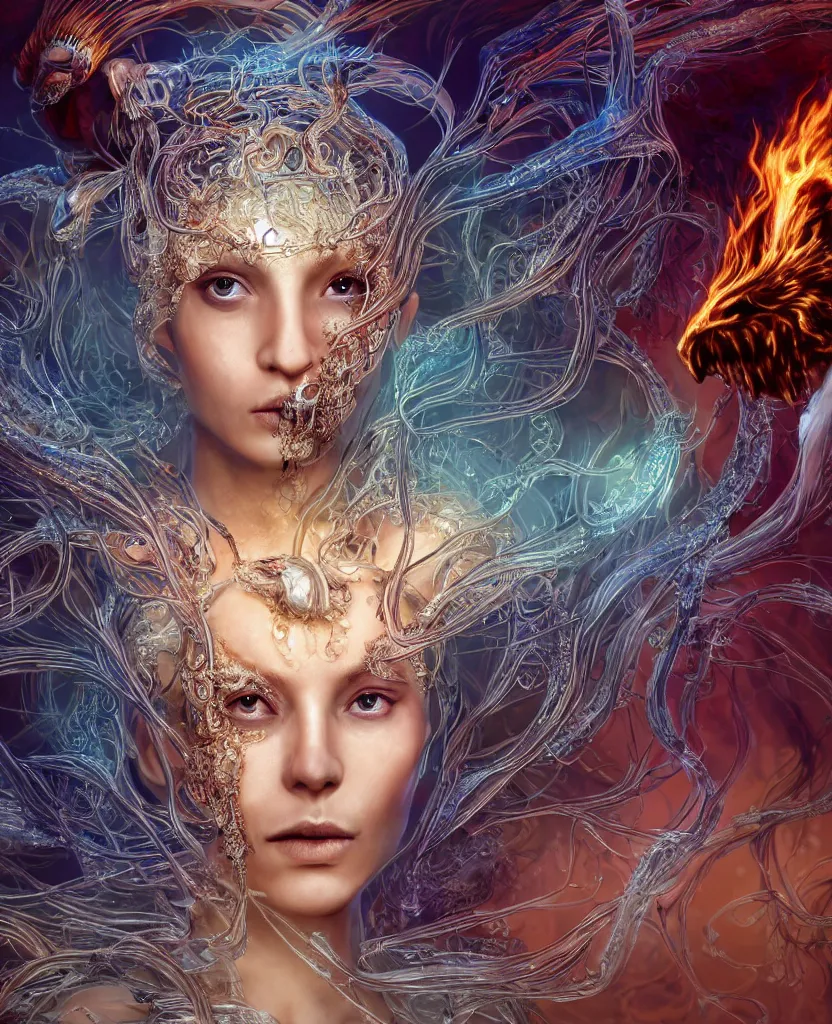 Image similar to close-up macro portrait of the face of a beautiful princess with animal skull mask, epic angle and pose, symmetrical artwork, 3d with depth of field, blurred background, cybernetic jellyfish female face skull phoenix bird, translucent, nautilus, energy flows of water and fire. a highly detailed epic cinematic concept art CG render. made in Maya, Blender and Photoshop, octane render, excellent composition, cinematic dystopian brutalist atmosphere, dynamic dramatic cinematic lighting, aesthetic, very inspirational, arthouse. y Greg Rutkowski, Ilya Kuvshinov, WLOP, Stanley Artgerm Lau, Ruan Jia and Fenghua Zhong