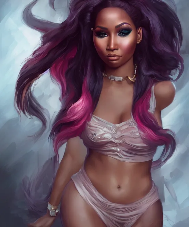 Prompt: 5 5 mm full body photo nicki minaj by charlie bowater and titian and artgerm, intricate, face, highly detailed 8 k, intricate, lifelike, soft light, cinematic lighting, featured on artstation