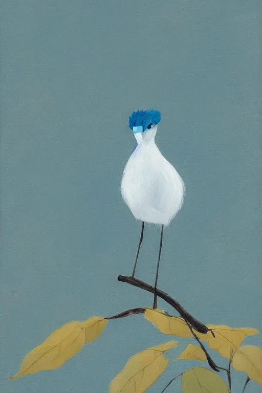 Image similar to meticulous painting, A small, delicate bird with pale blue plumage and long, skinny legs. It is hopping on the ground, searching for food. The background is a beautiful blue sky on a autumn day. by xue ji, bian luan