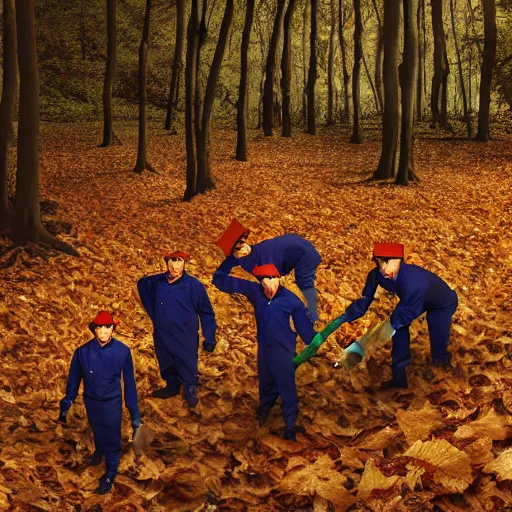 Prompt: closeup portrait of cleaners trying to hold back the falling leaves in a forest, detailed face, by Steve McCurry and David Lazar, CANON Eos C300, ƒ5.6, 35mm, 8K, medium-format print