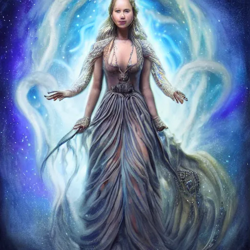 Image similar to a wlop 3 d render of very very very very highly detailed beautiful mystic portrait of a phantom cthulu priestess jennifer lawrence with whirling galaxy around, tattoos by anton pieck, intricate, extremely detailed, digital painting, artstation, concept art, smooth, sharp focus, illustration, intimidating lighting, incredible art,