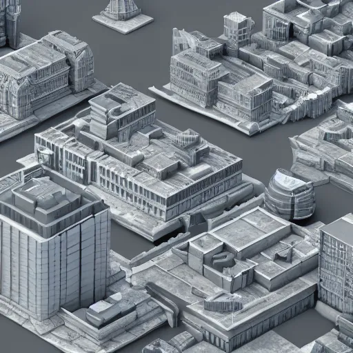 Image similar to an isometric overview Blender 3D model of a metropolis with a river in the middle, 3D grey buildings, octane render