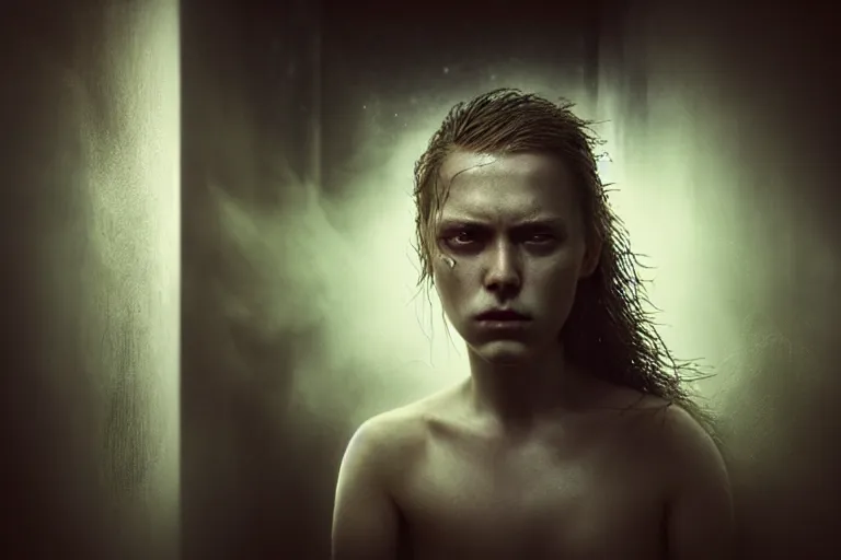 Image similar to an ultra realistic, cinematic, fantasy, portrait, of a woman, face in water, fire, dramatic, soft light, dreamy, facial features, stood in a cell, with prison clothing, detailed, deep focus, movie still, dramatic lighting, ray tracing, by michal karcz and yoshitaka