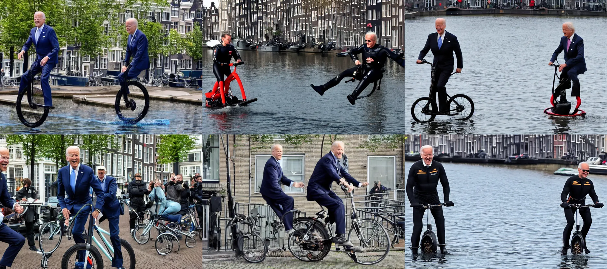 Prompt: joe biden wearing a diving suit riding unicycle in amsterdam