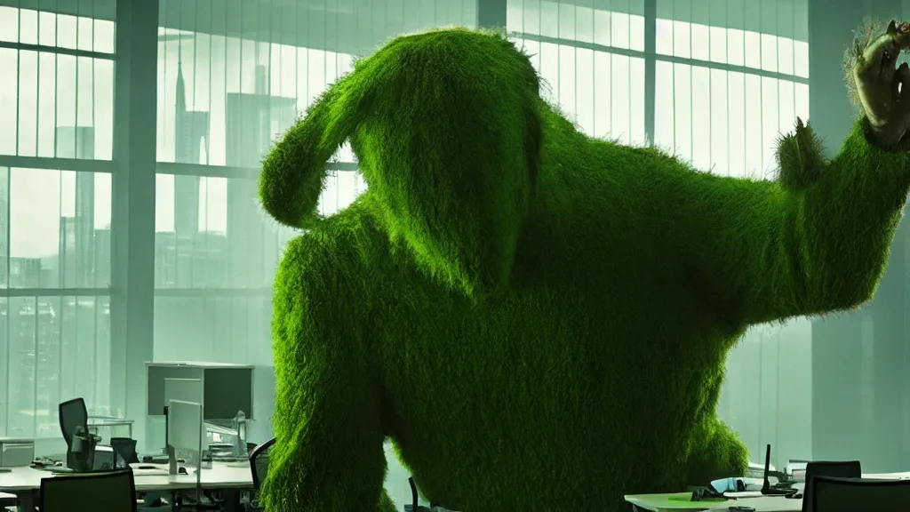 Image similar to the strange giant creature in the office, made of Chlorophyll and water, film still from the movie directed by Denis Villeneuve with art direction by Salvador Dalí