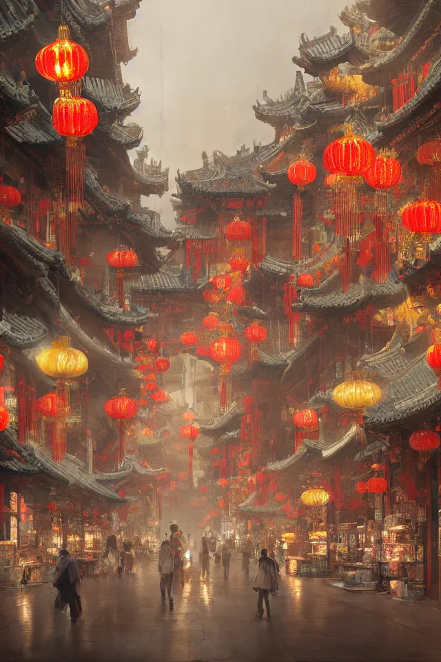 Image similar to epic scenery of a shopping street in the Chinese imperial city, intricate, elegant, volumetric lighting, digital painting, highly detailed, artstation, sharp focus, illustration, concept art, ruan jia, steve mccurry