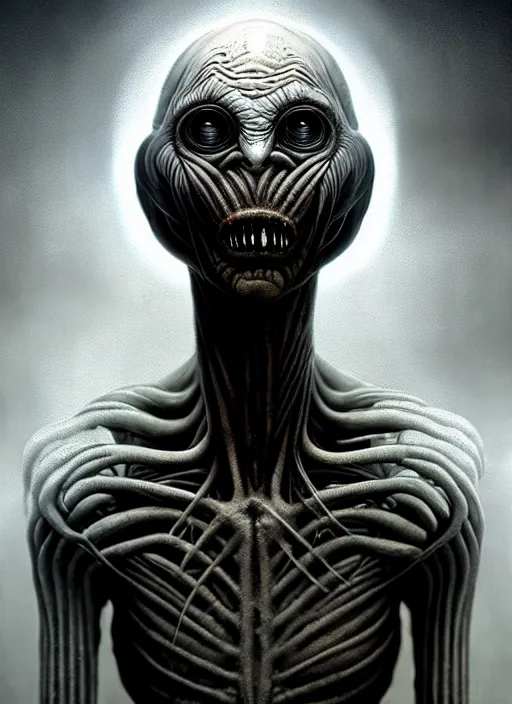 Prompt: a striking cinematic full body portrait of a grey alien with a horrifying face by hr giger and zdzisław beksinski, fine details, digital art, character concept art, volumetric lighting, cinematic light, photorealistic